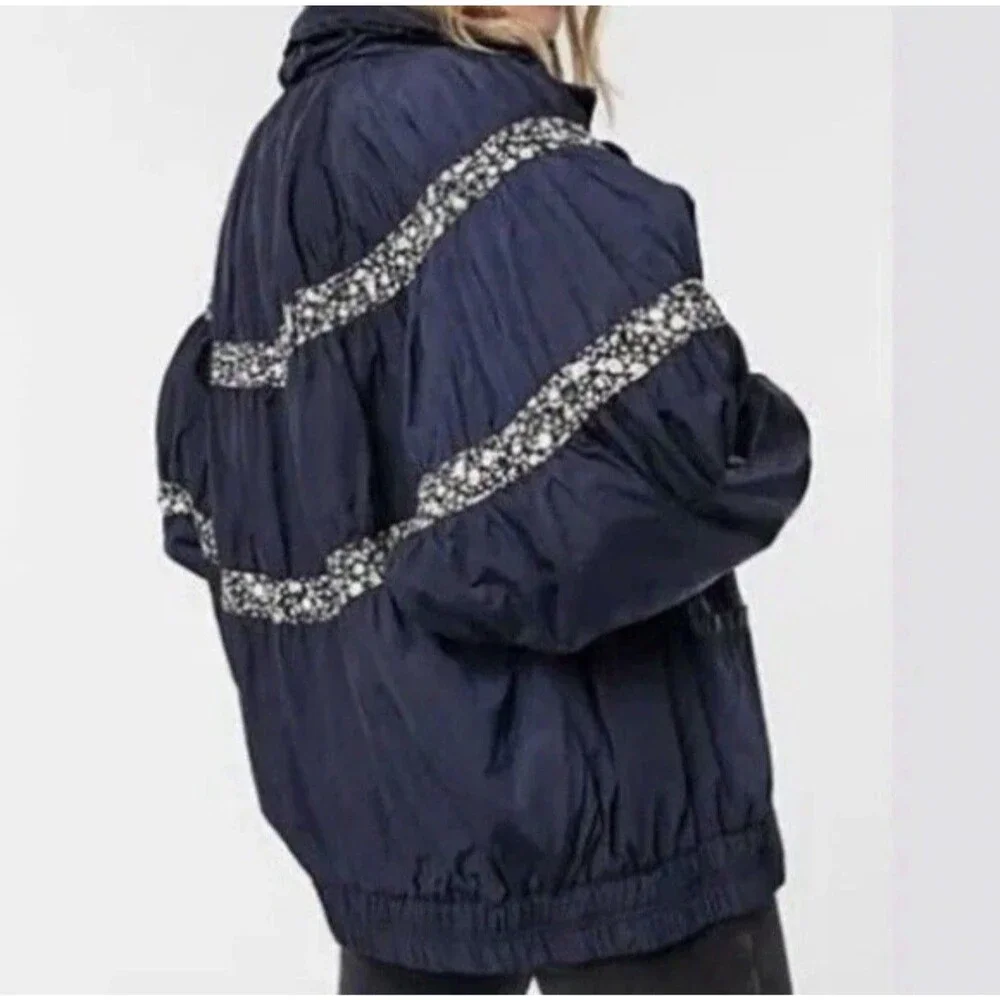 Free People Women's Size Medium On My Mind Bomber Jacket Navy